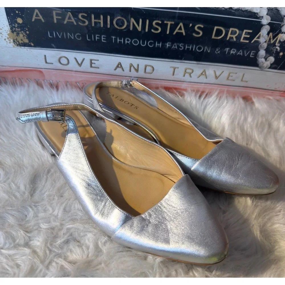 Talbots Metallic Silver Leather Slingback Pointed Toe Flats Womens 8.5M